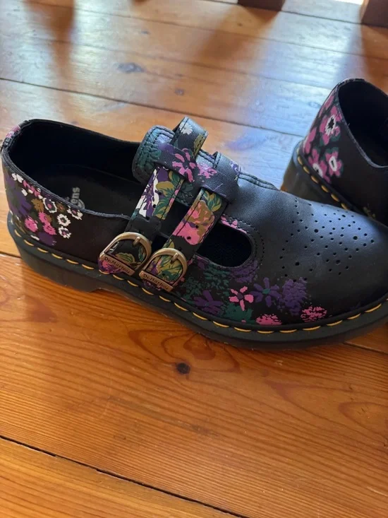 Dr. Martens Black Floral Mary Jane Double Buckle Shoes - Picture 2 of 8